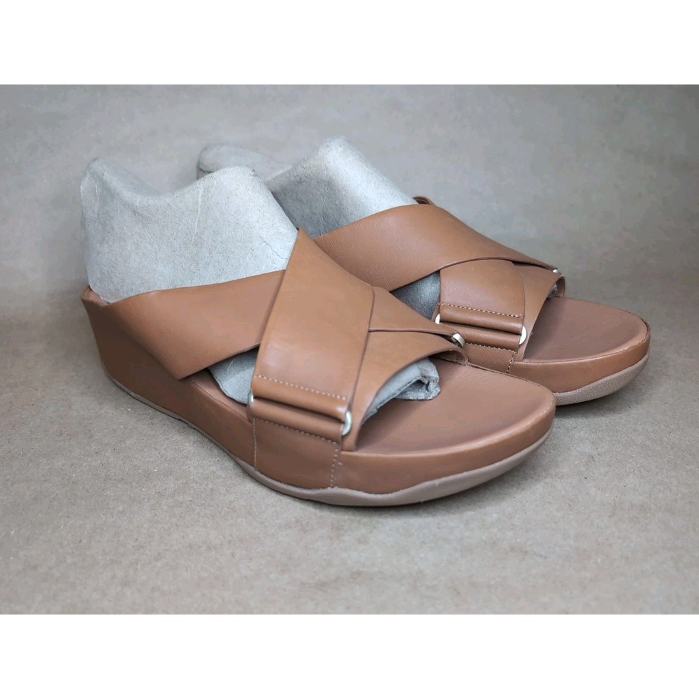 FitFlop Womens 10 Shuv Leather Cross Slides Light Tan Coastal Beach FK8-592